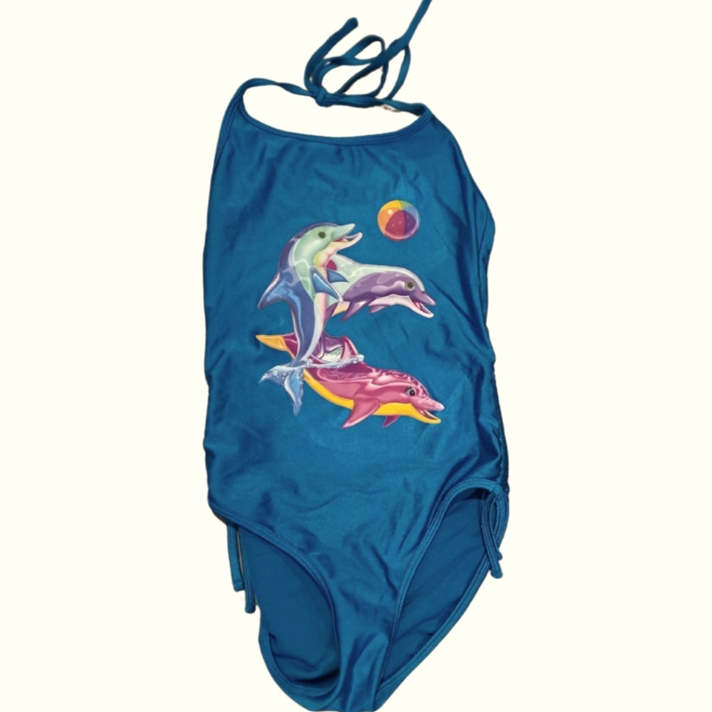 American Apparel Classic Blue Swimwear With DIY Lisa Frank inspired Dolphins